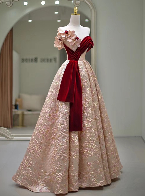 Champagne Off the Shoulder Velvet Pleats Prom Dress