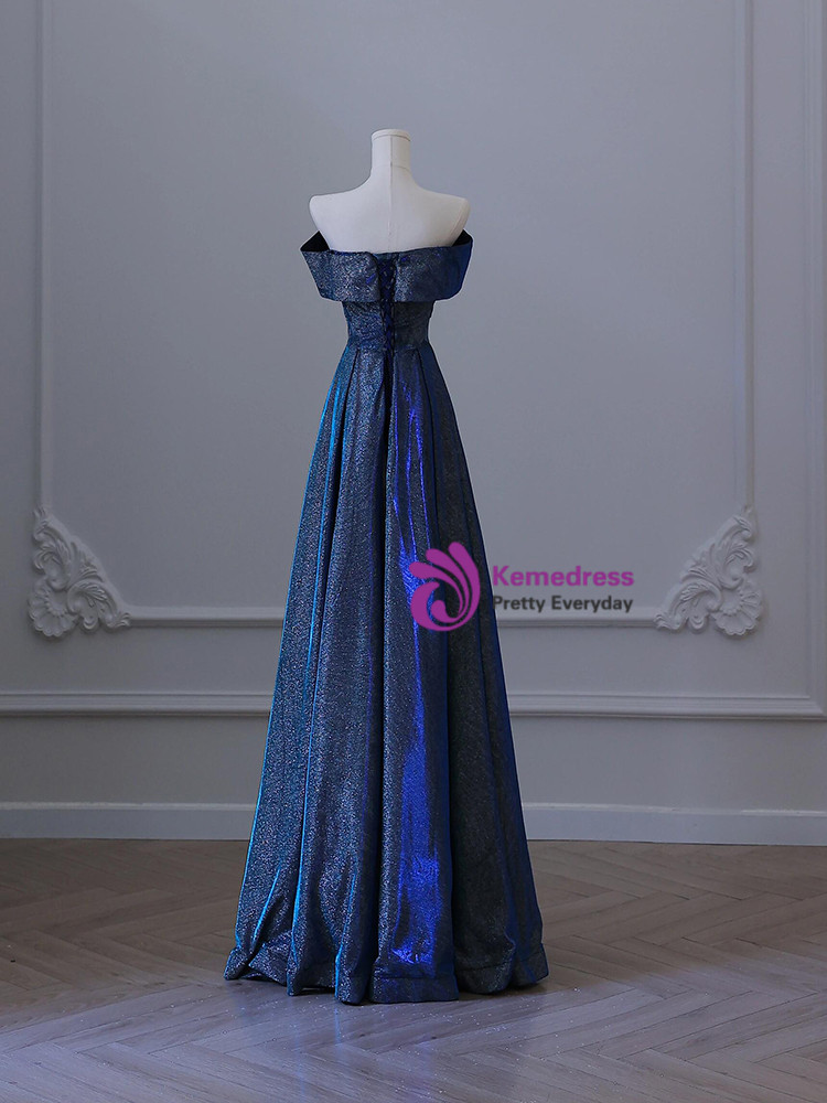 Off-The-Shoulder Pleated A-Line Prom Dress With Slit Ink Blue main image 1