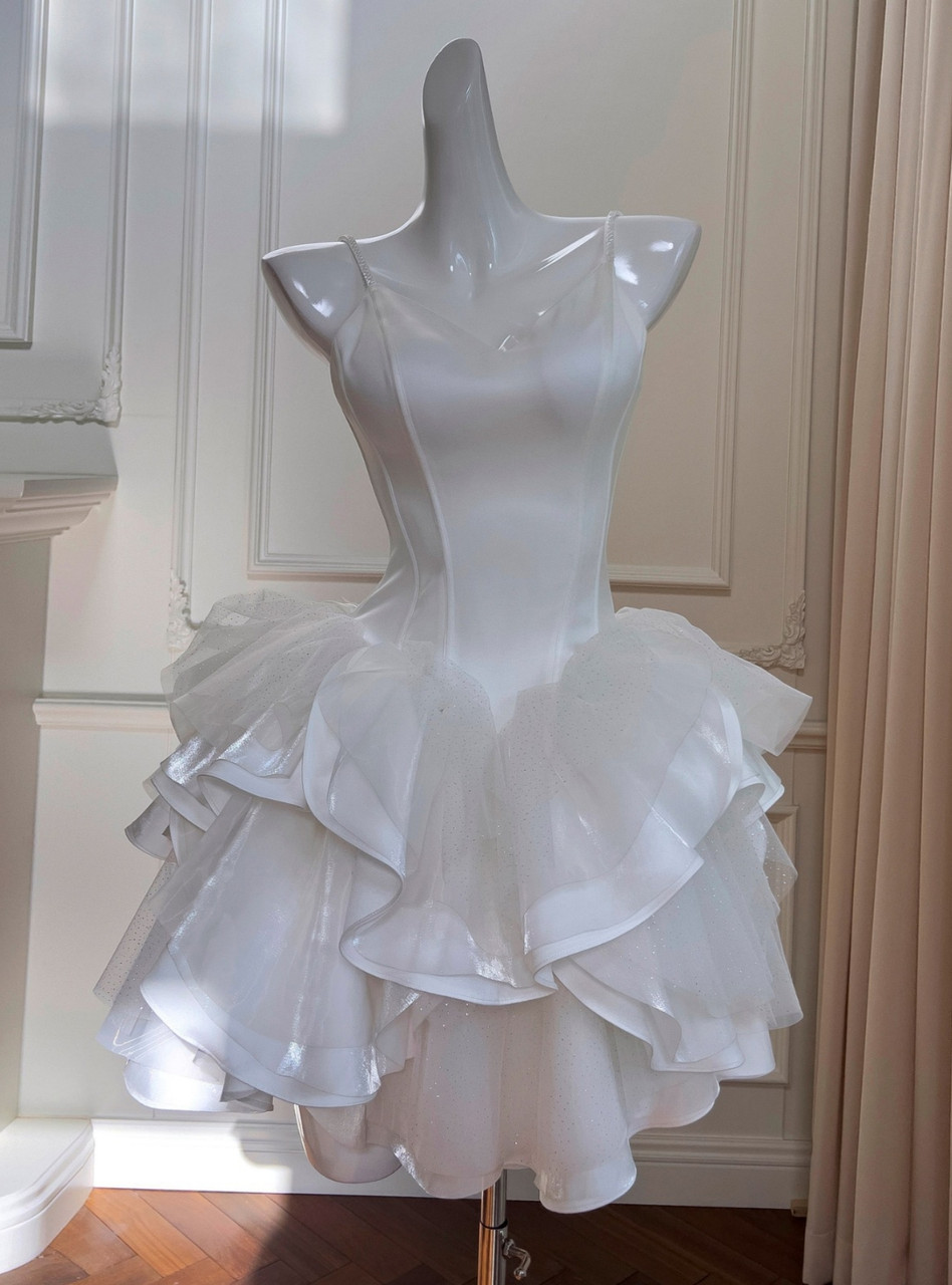 White short homecoming dress with fitted bodice and layered tulle ruffle skirt