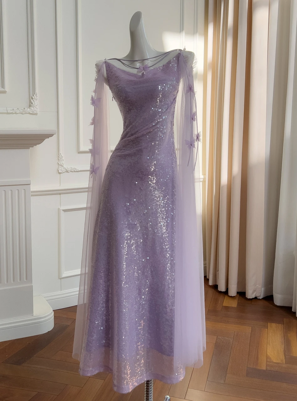 Lavender sequin tea length A line prom dress with spaghetti straps