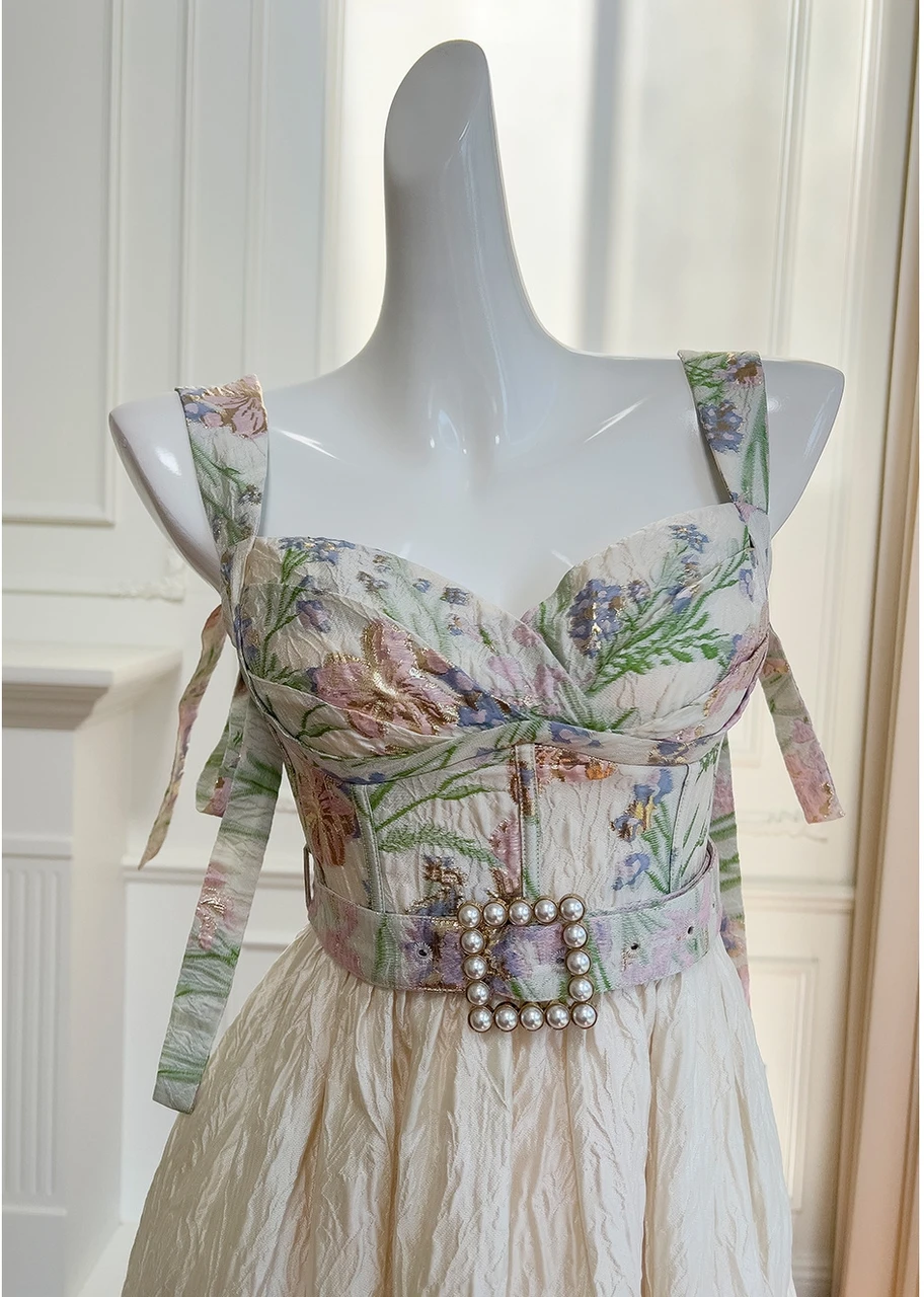 Apricot floral midi homecoming dress with sweetheart corset bodice and pearl buckle belt