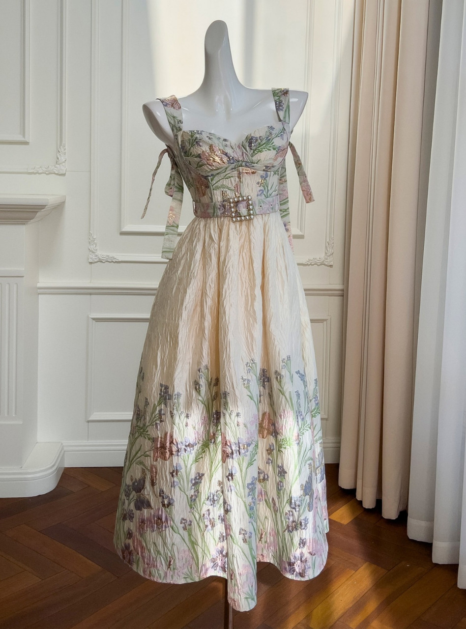 Apricot watercolor floral print midi homecoming dress with adjustable tie straps