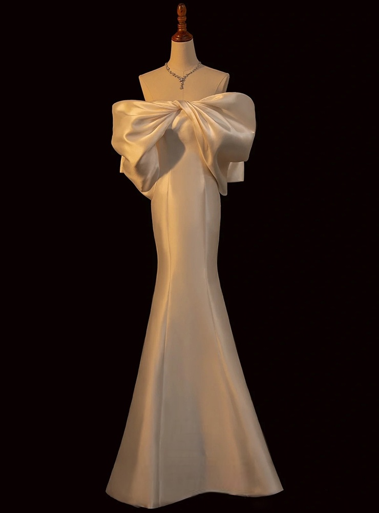 White Mermaid Satin Off the Shoulder Bow Wedding Dress