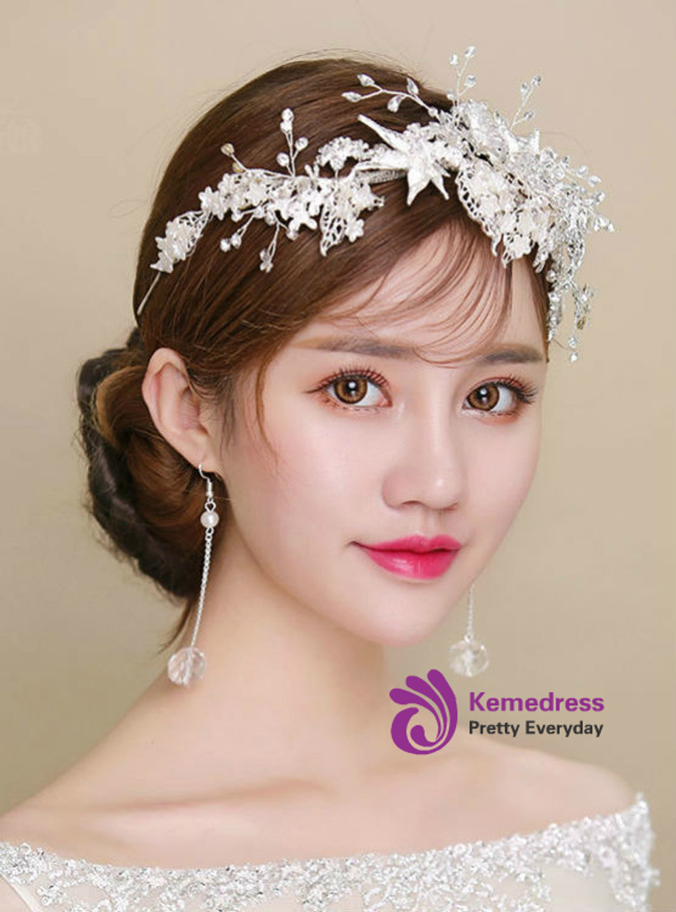 Korea leaves white flowers wedding hair simple silver alloy hoop tiara ...