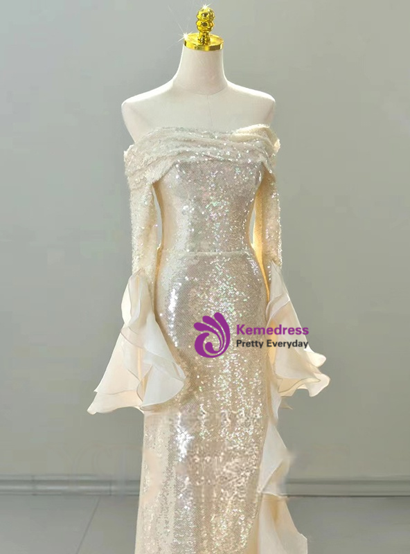 Sequined Gold Sweetheart Mermaid Prom Dress with Lace-up Back main image 1