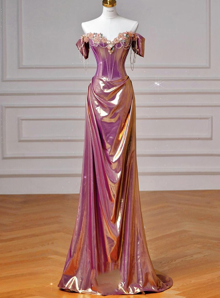 Pink purple tulle beaded off shoulder A line prom dress