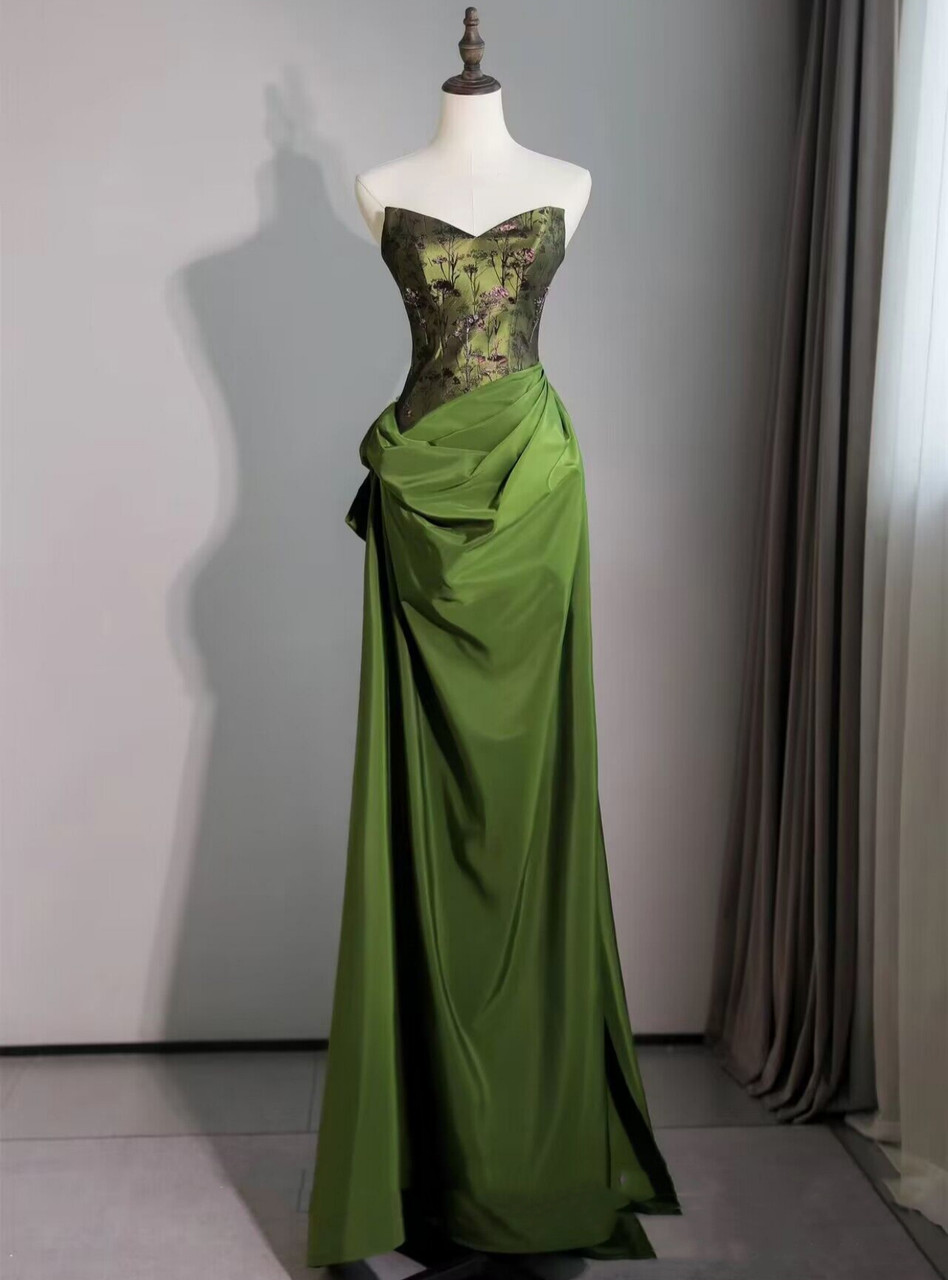 Green botanical print strapless floor length prom dress with draped skirt