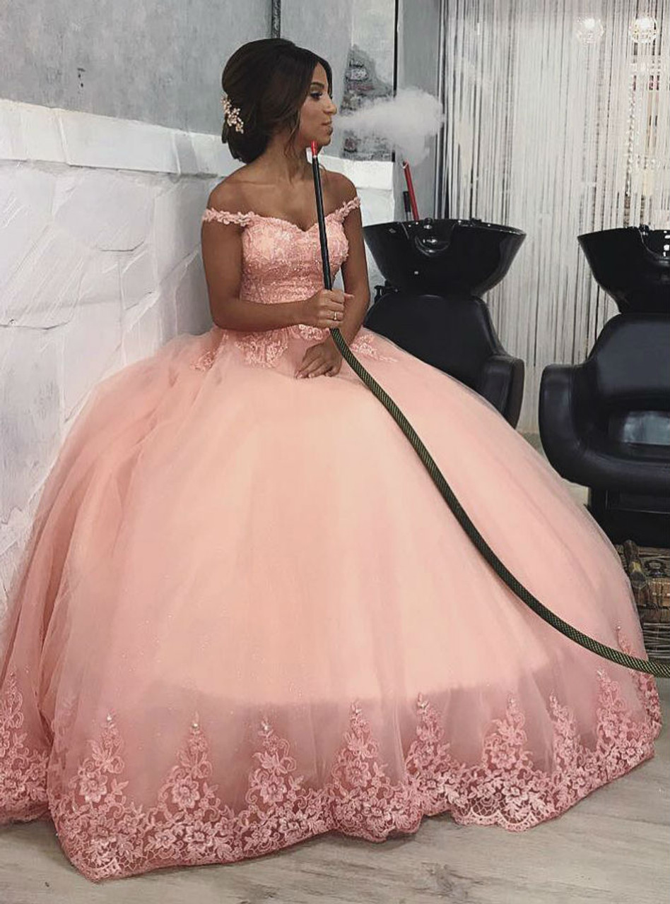 pink off shoulder ball gown