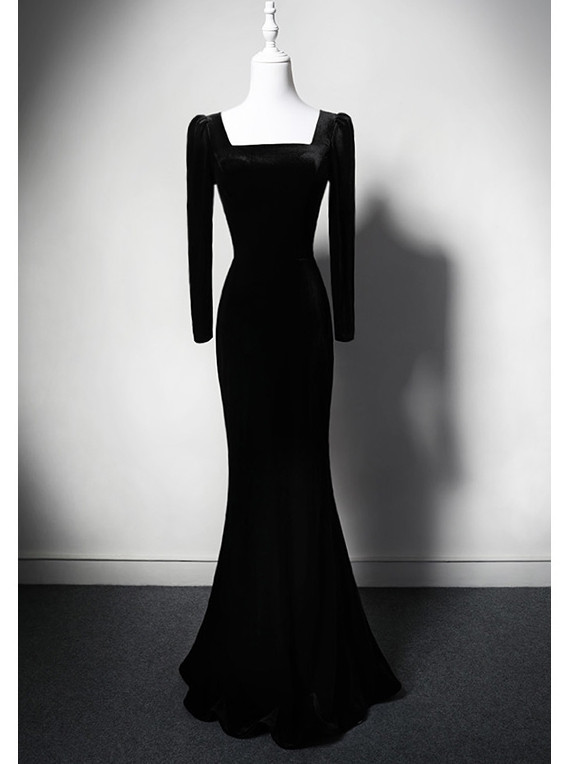 Black Mermaid Velvet Long Sleeve Square Neck Prom Dress