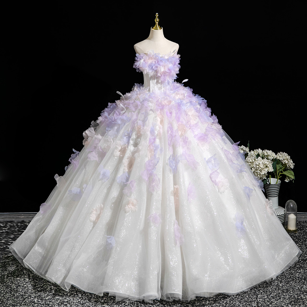 White TUlle Sequins Strapless Purple Appliques Dress White TUlle Sequins Strapless Purple Appliques Dress