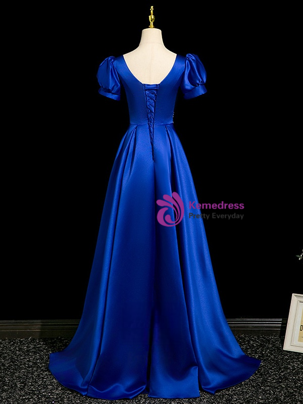 royal-blue-satin-short-sleeve-beading-prom-dress