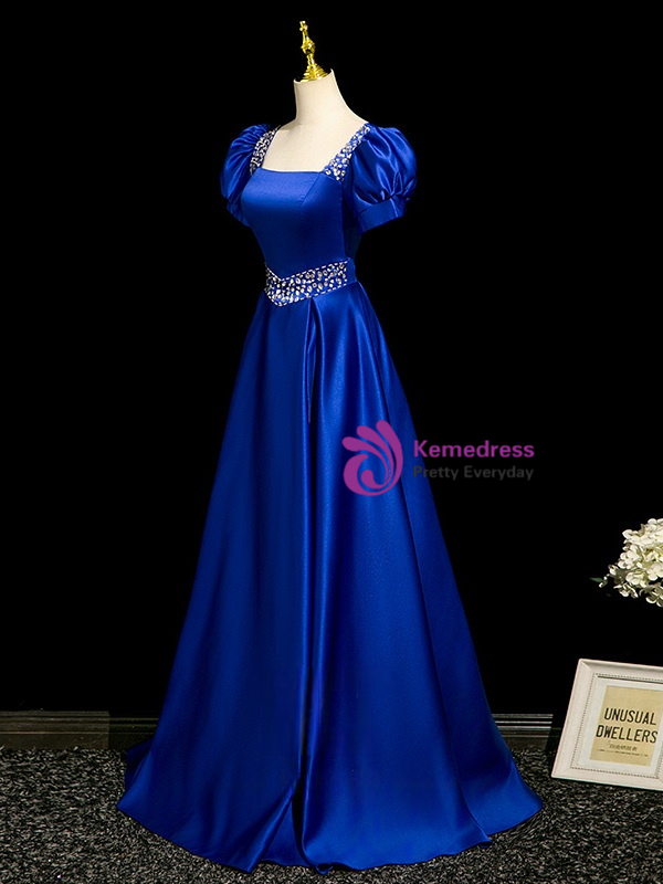 royal-blue-satin-short-sleeve-beading-prom-dress