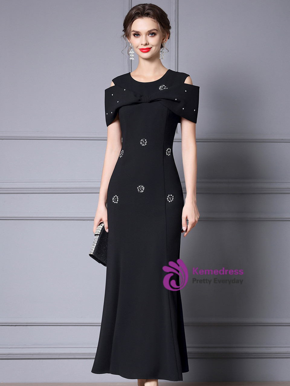 black dress with beading Luxe Allure Black Beaded Rhinestone Bustier Maxi Dress