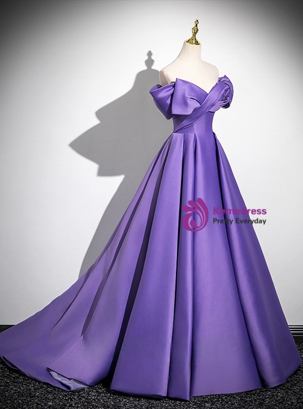 Purple Deep V Neck A Line Satin Pleats Prom Dress LBQ3084 main image 1