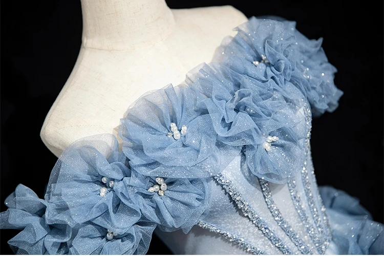 Dusty blue off the shoulder 3D floral glitter tulle ball gown detail