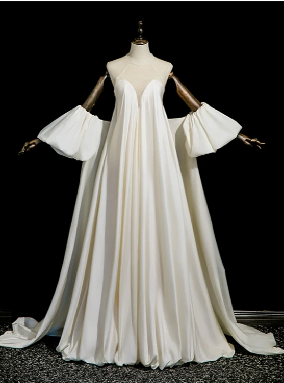 White satin halter A Line wedding dress with detachable tail