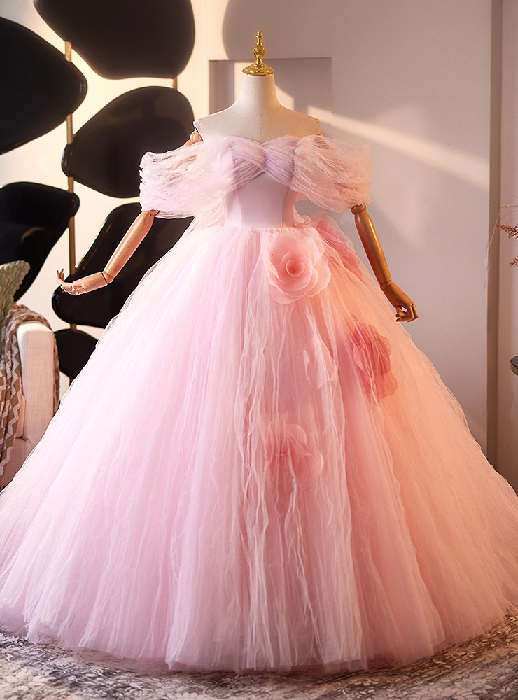Pink tulle off the shoulder flower ball gown with full skirt