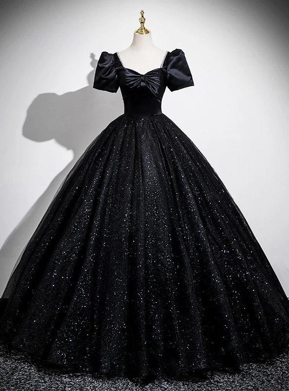 Black ball gown prom dress with square neckline puff sleeves waist bow and sequin tulle