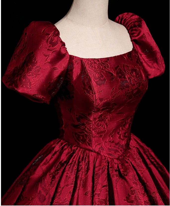 Burgundy floral brocade ball gown full skirt