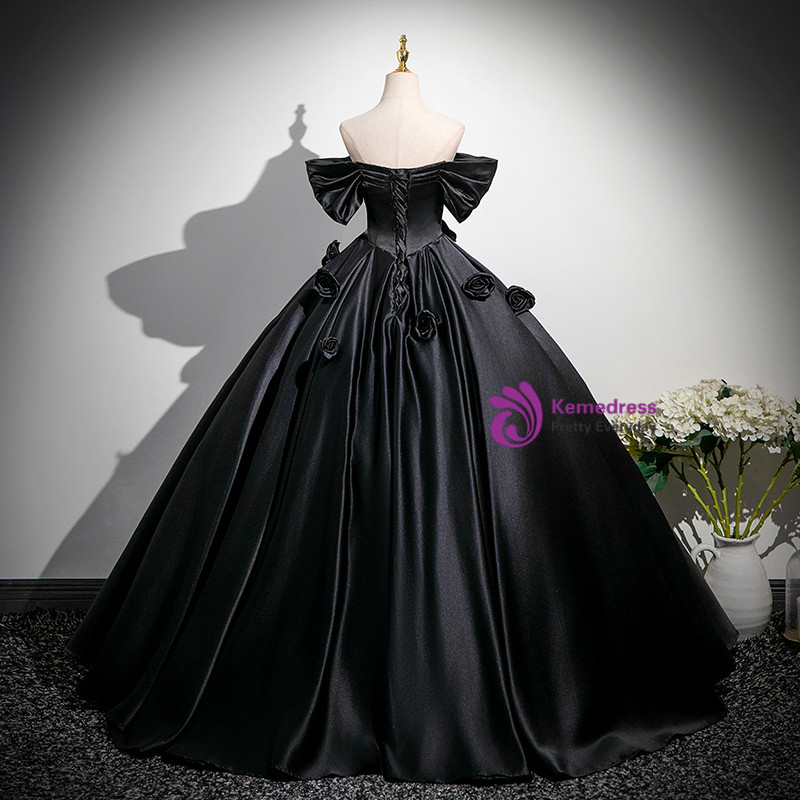 Black Satin Off the Shoulder Flower Pleats Quinceanera Dress