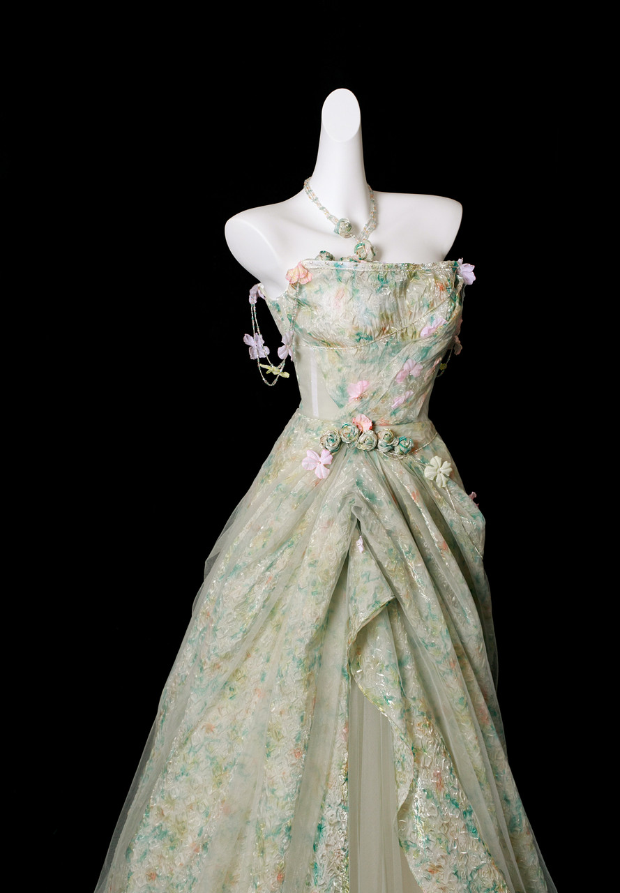 Green floral printed tulle dress with delicate three dimensional flower details
