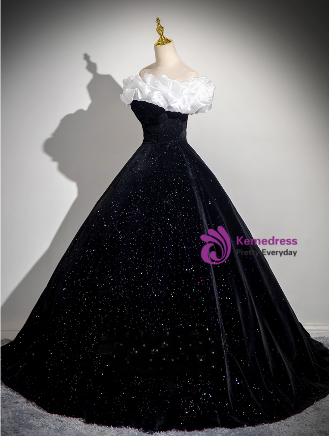 Brown Satin Black Velvet Off the Shoulder Formal Prom Dress main image 1