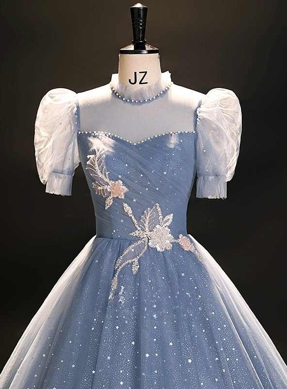 Sky Blue Tulle Short Sleeve Appliques Backless Quinceanera Dress main image 1