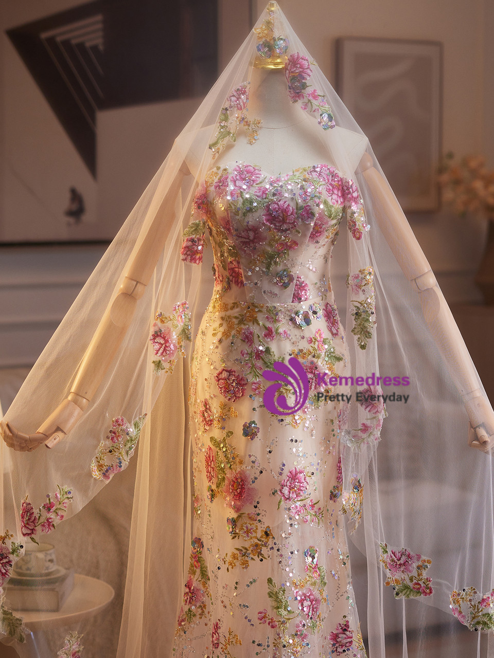 Champagne sequin mermaid prom dress with colorful floral embroidery and matching veil