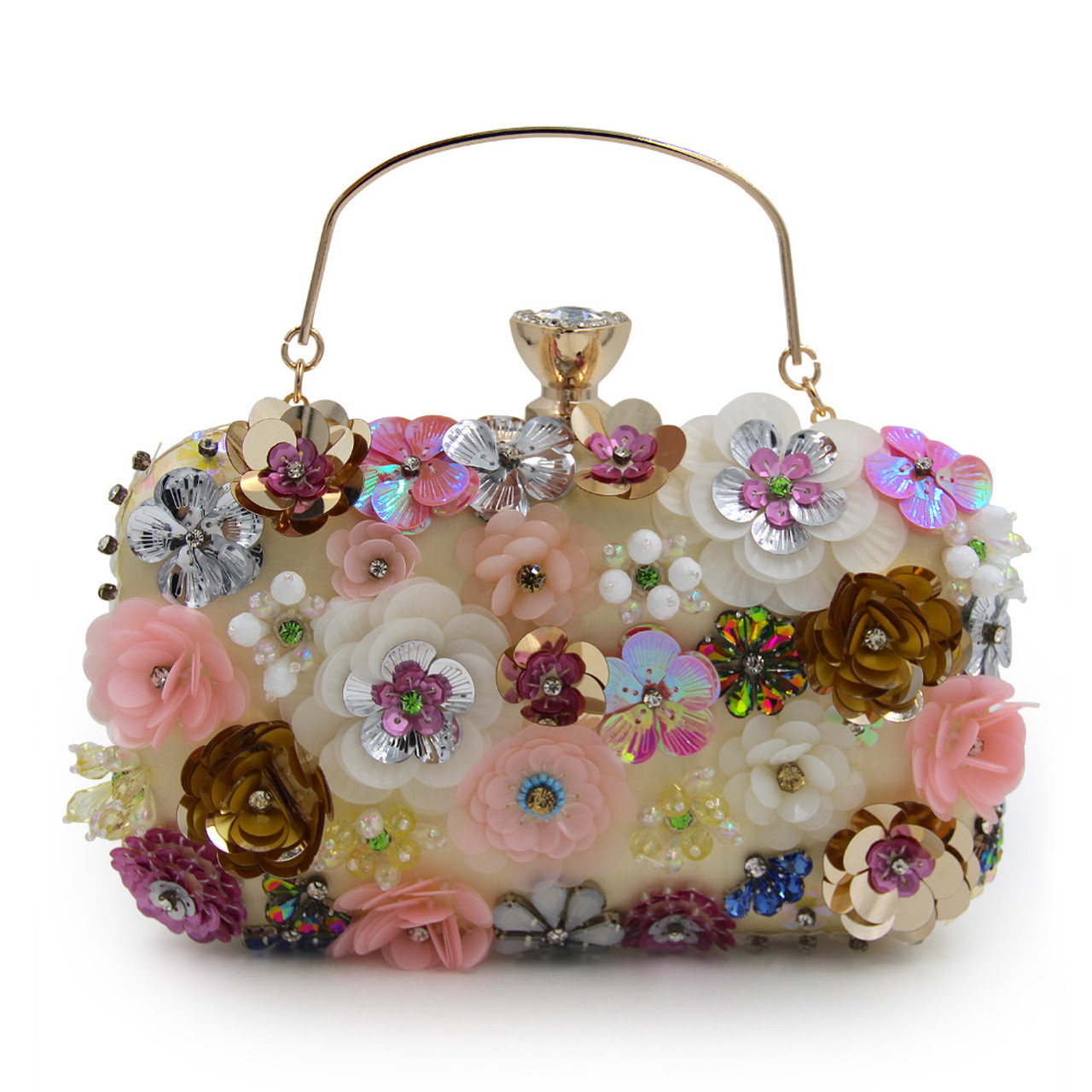 Clutch Floral Handbag Evening Clutch Beaded Bag Women's Prom Bag-Champagne