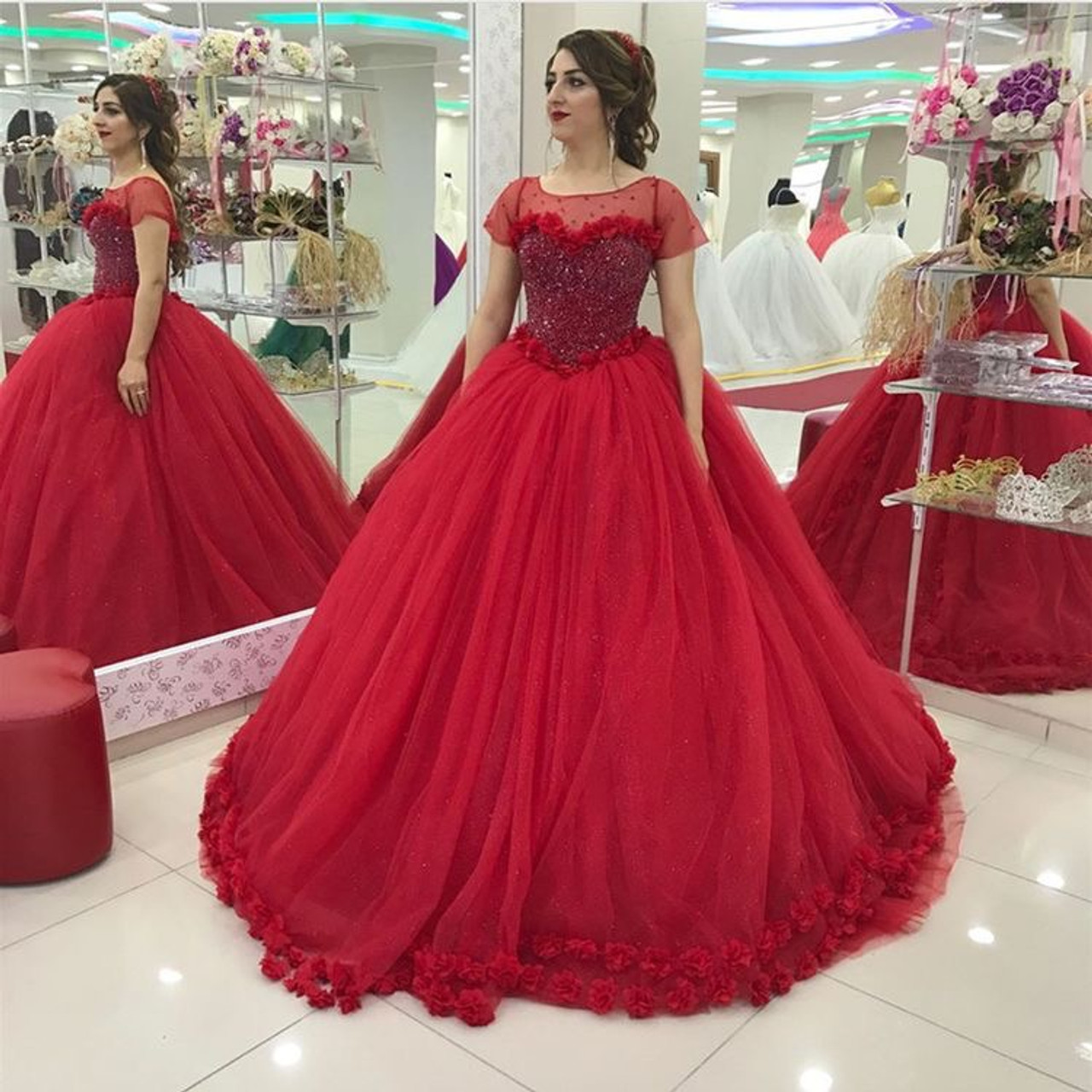 Sweetheart Bodice Corset Ruffles Red Prom Dresses Ball Gowns