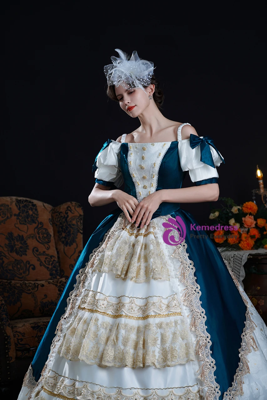 Victorian Blue Satin Lace Ball Gown