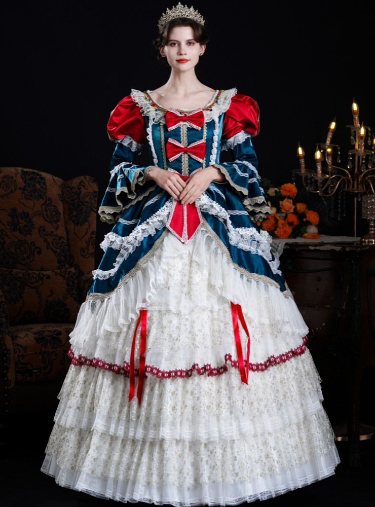 Blue satin ball gown with lace sleeves square neckline and lace bow