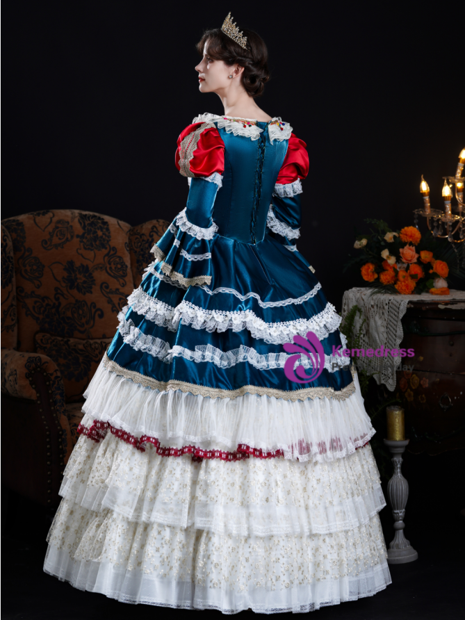 Blue satin gown showing lace up corset back and full skirt construction