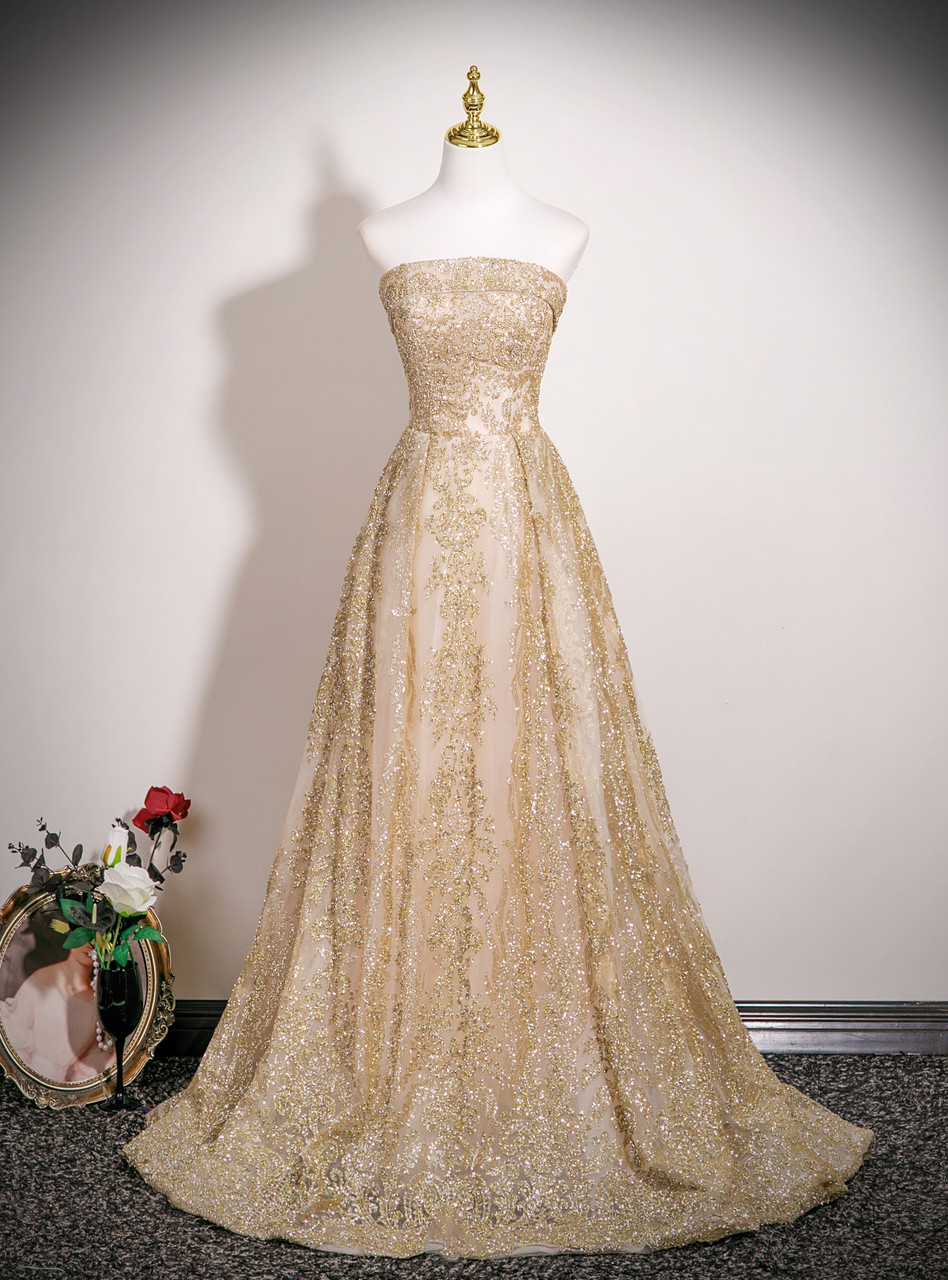 gold strapless prom dresses Metallic Gold Strapless Ruffle Tiered Prom Dress