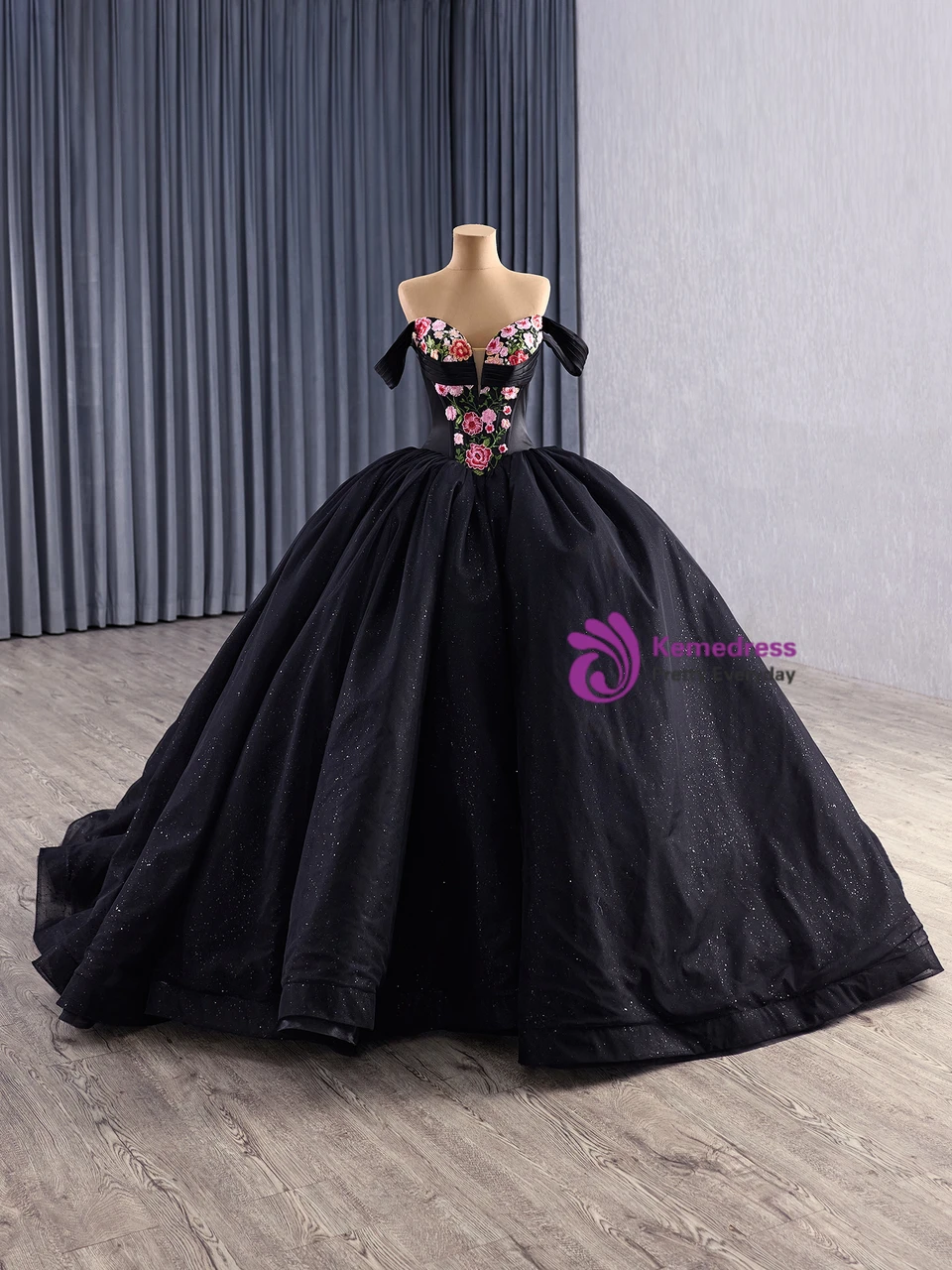 Black rose full ball gown with embroidered skirt