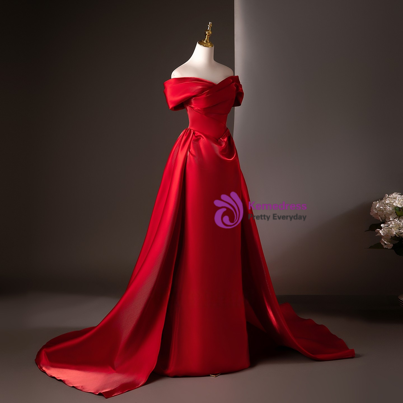 Red Satin Off the Shoulder Pleats Prom Dress
