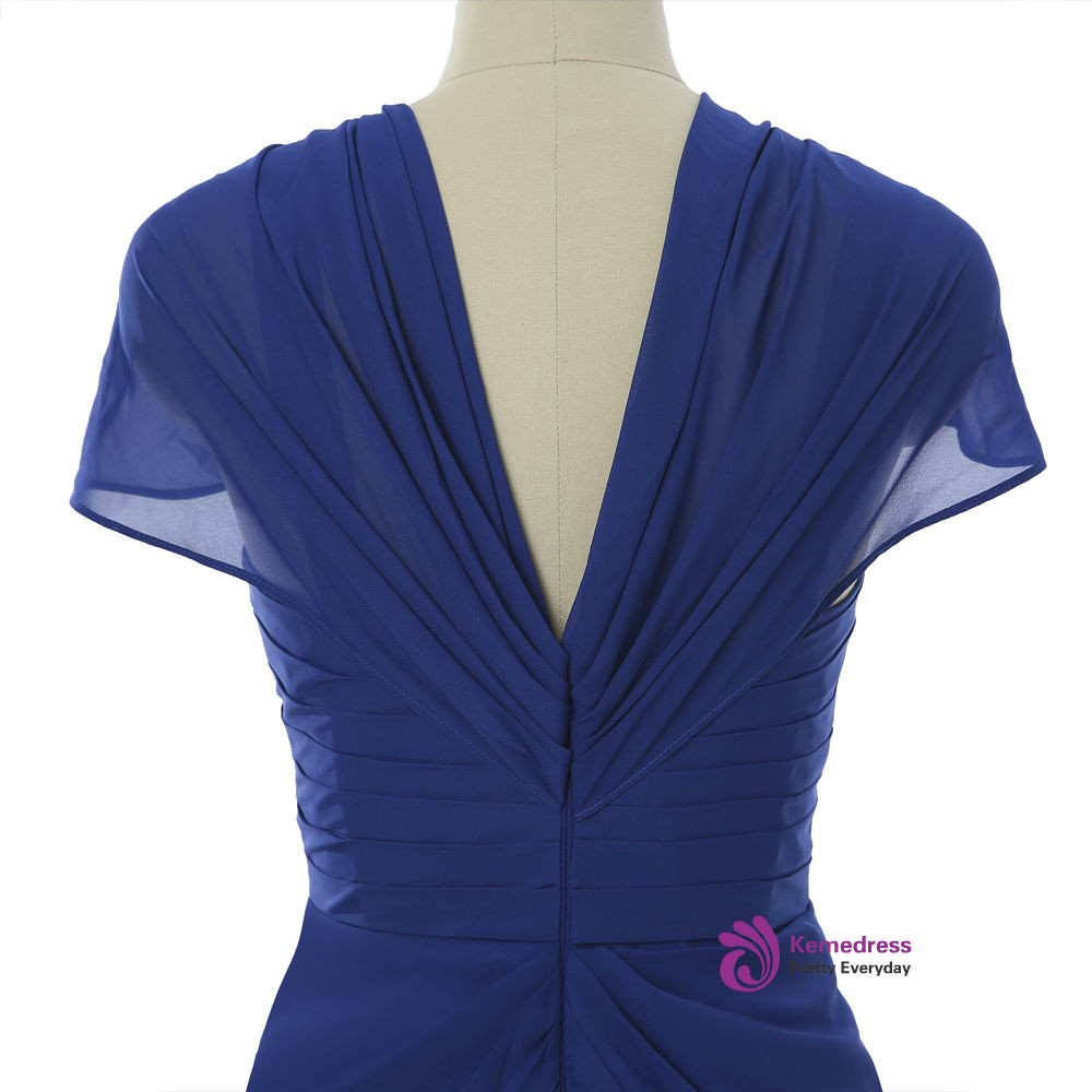 Royal Blue A Line V-neck Chiffon Long Mother Dress with Belt