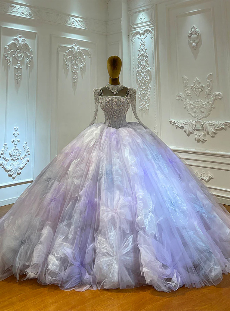 Purple 3D flower ball gown wedding dress with high neck and long sleeves