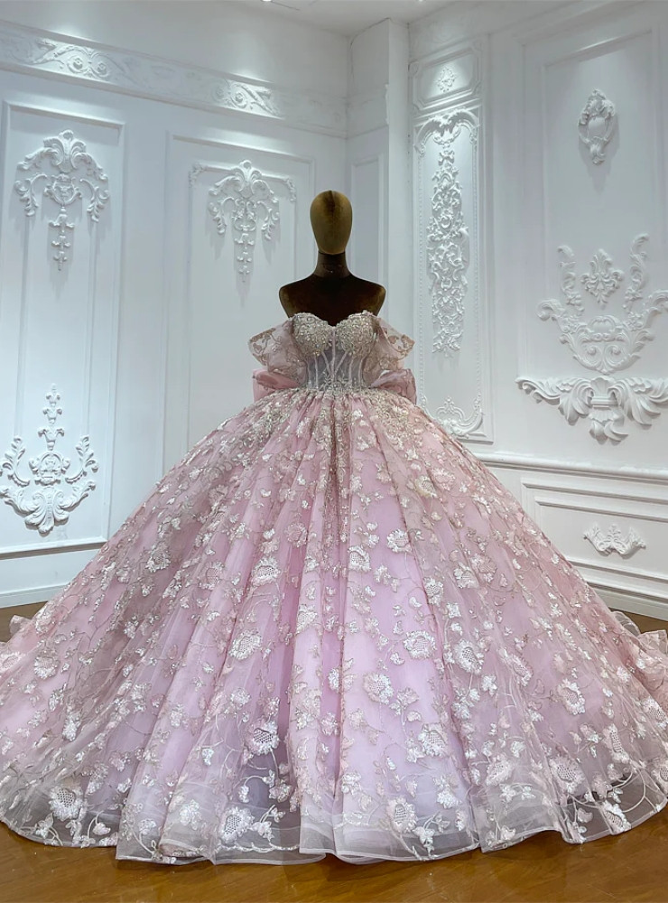 Pink tulle ball gown with high neck long sleeves lace and beading