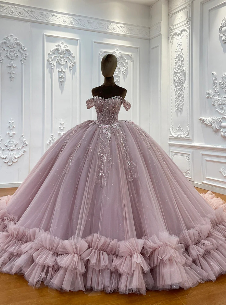 Pink tulle sequin ball gown with off the shoulder neckline