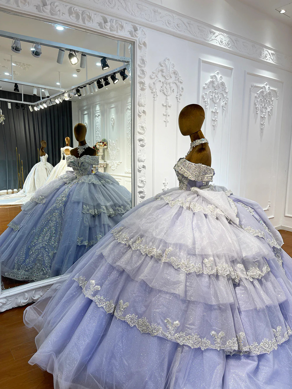 Purple tulle wedding gown with beaded bodice and dramatic ball gown volume