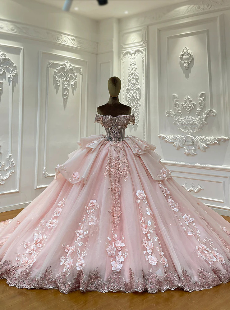 Pink tulle floral appliqué off shoulder ball gown front view