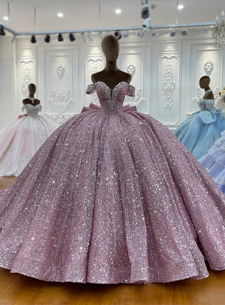 Pink sequin off shoulder ball gown front view