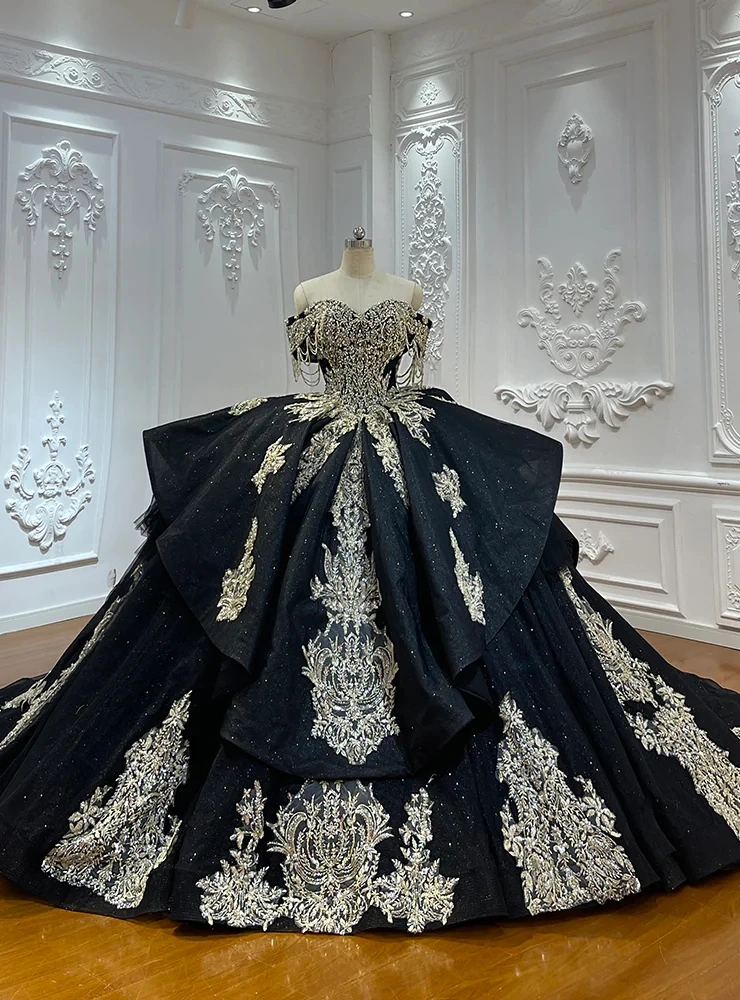 Black tulle off shoulder appliqué ball gown wedding dress