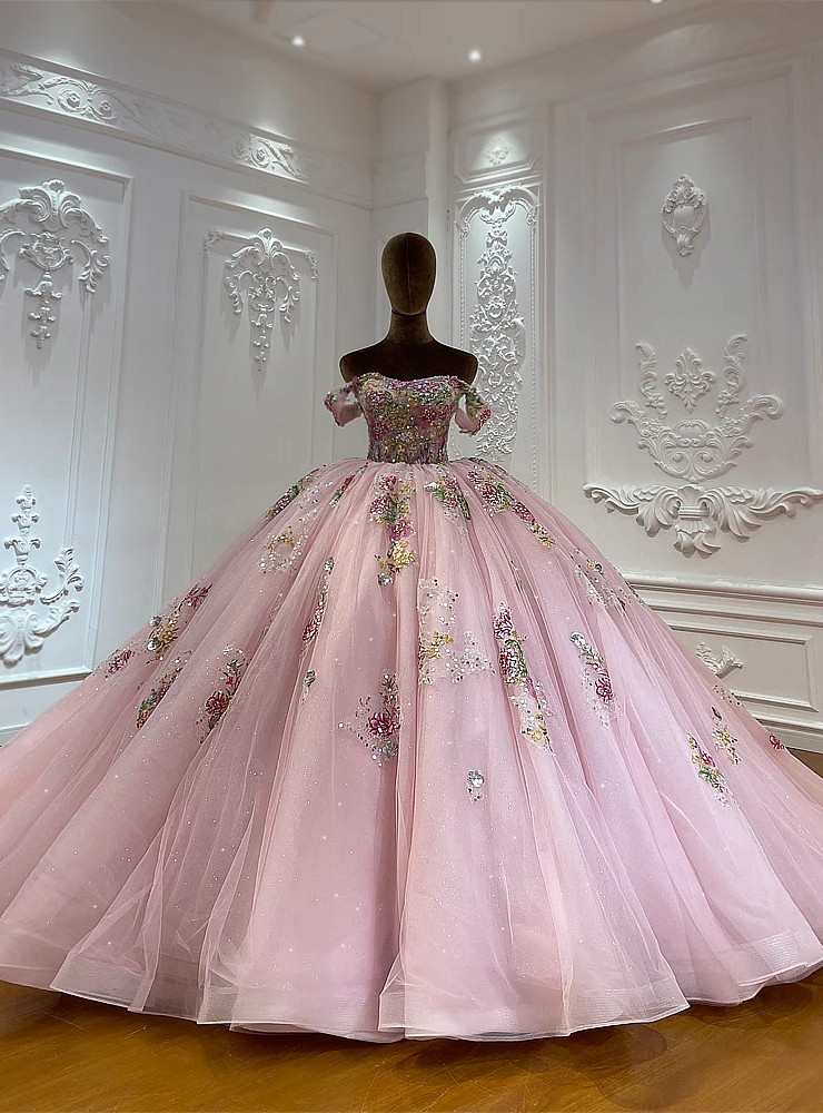 Pink tulle appliques beading wedding dress with colorful 3D floral ball gown skirt