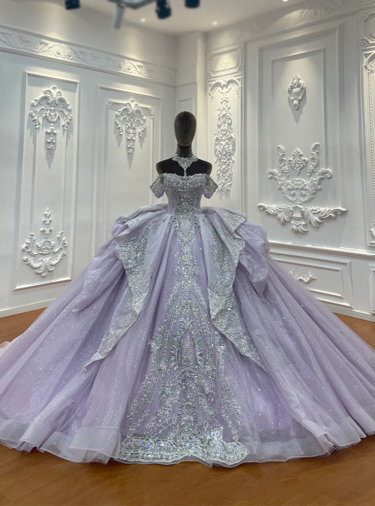 Purple off the shoulder ball gown wedding dress with silver floral appliques and beading