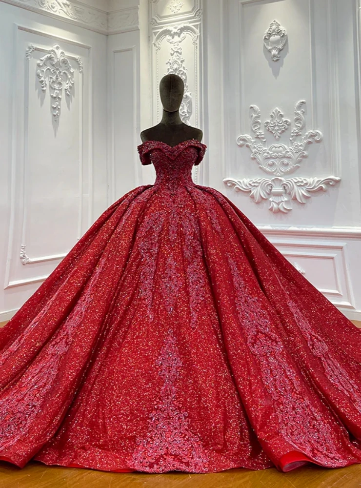 Red sequins appliques off the shoulder ball gown wedding dress with dramatic floral detailing