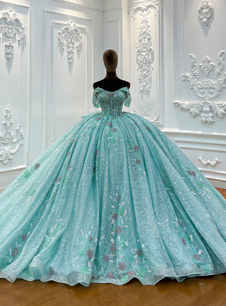 Green tulle sequined off the shoulder princess dress with floral appliques and cathedral train