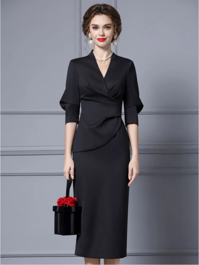 Black tea length sheath mother of the bride dress with V neck, short sleeves and pleated bodice