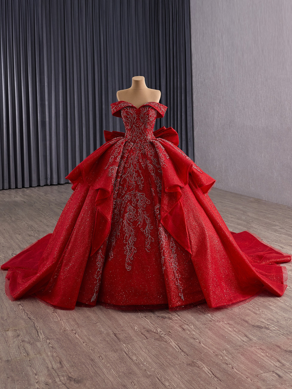 Red off the shoulder sequin ball gown prom dress